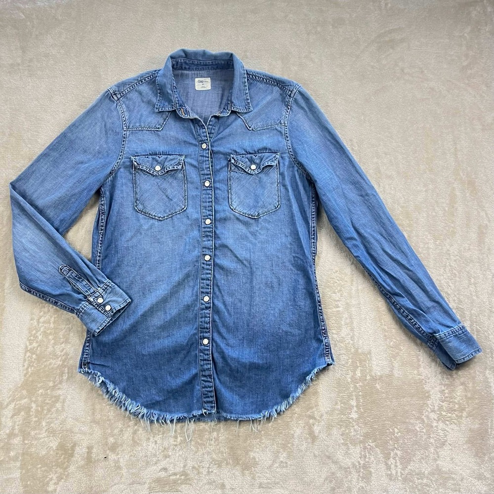 Gap 1969 Denim Western Shirt Light Wash Frayed Hem Pearl Snap Small Tall